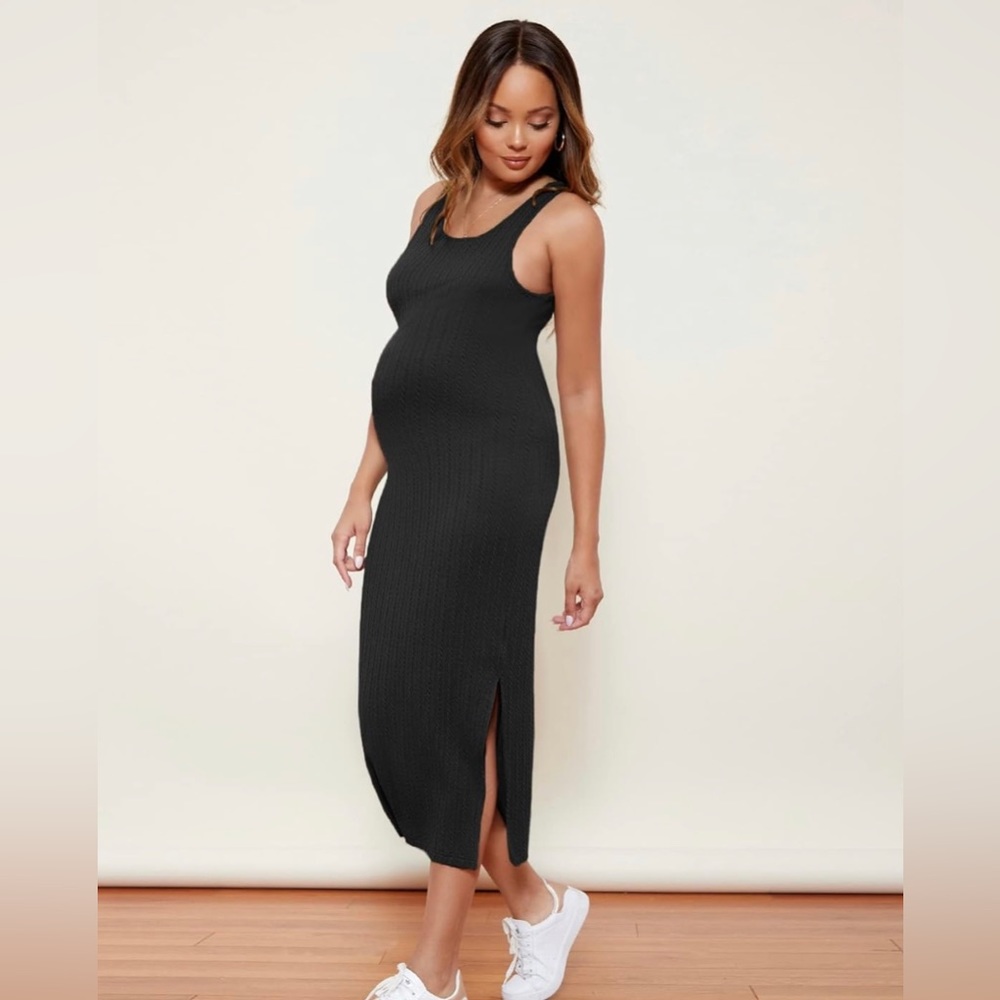 Large Black Women's Maternity Rib Knit Split Side Sleeveless Bodycon